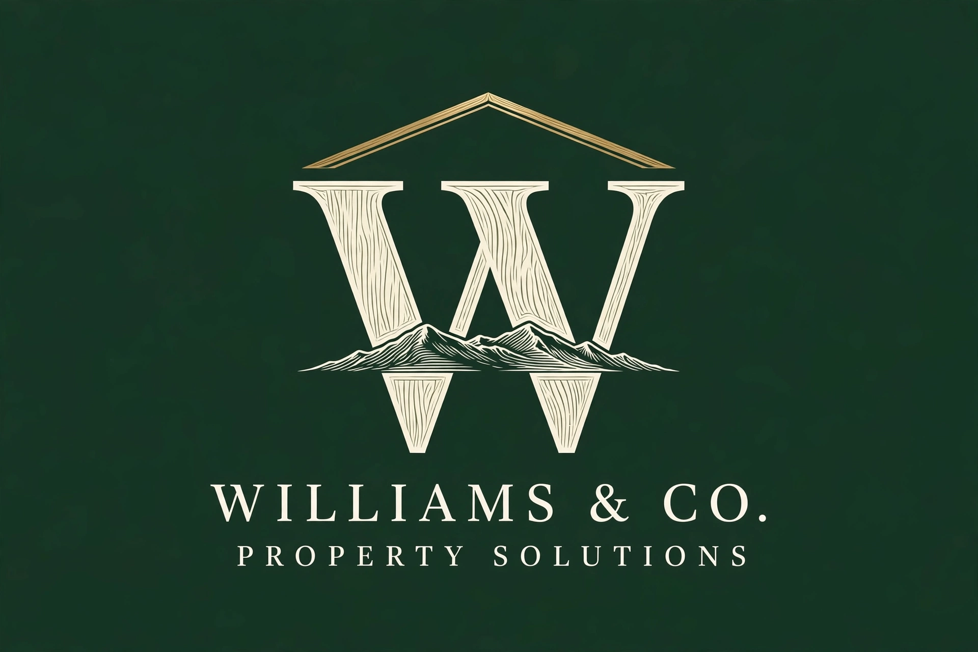 Williams & Co. Property Solutions logo: an ivory W etched with wood grain and an Appalachian mountain ridge beneath a brass roofline